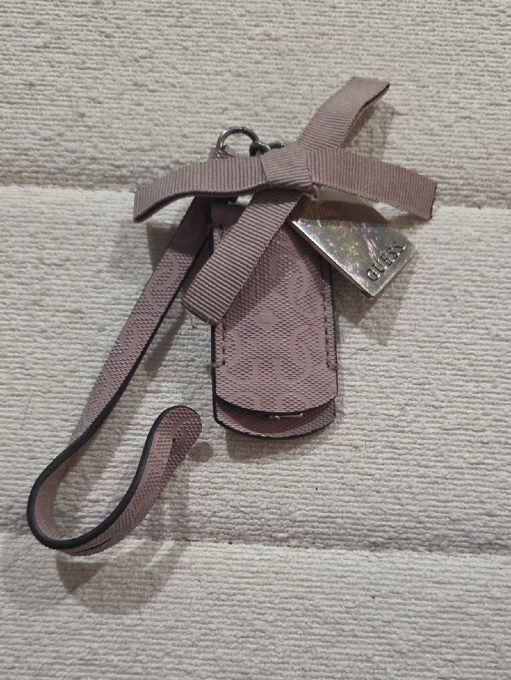 Guess Mauve Bow Charm Keyring with Silver Tag